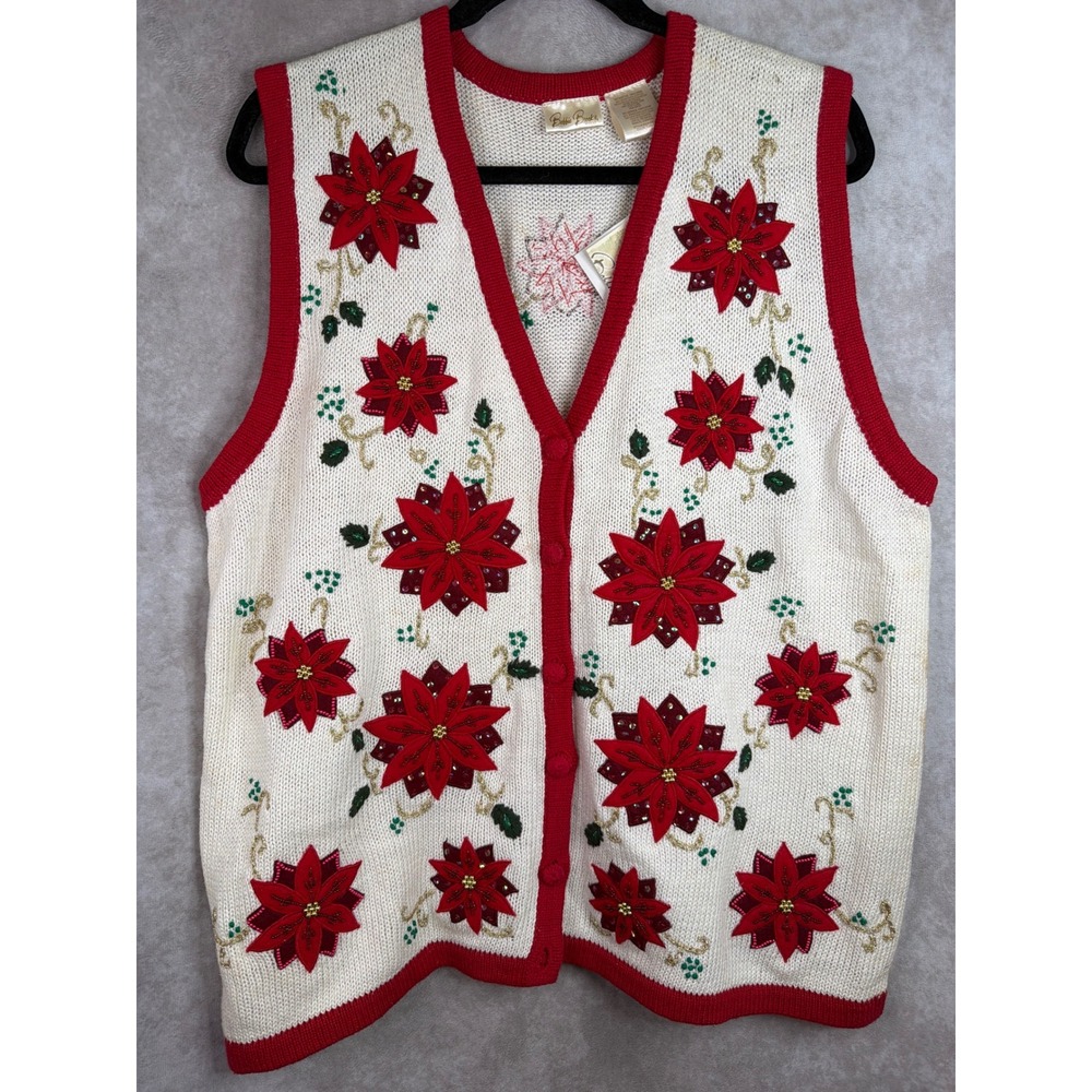 Bobbie Brooks Sweater Vest Women 18W/20W Tusk Red Poinsettia Christmas Holiday